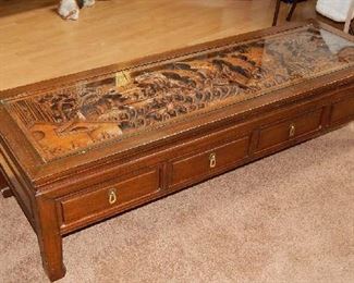 FABULOUS COFFEE TABLE FROM HONG KONG. TEAK INSERT WITH ROSE WOOD EXTERIOR. OVER 50 YRS OLD
