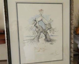FRAMED UNITED NATIONS, BY ARTIST SALVADOR DALI. TRIPLE SIGNED AND DOUBLE NUMBERED LITHOGRAPH. NUMBERED 220/300. WITH COA.