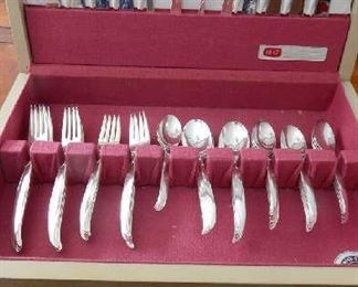 SILVER PLATE FLATWARE SERVICE FOR 8+ BY 1847 ROGERS BROS., DATED 1956. PATTERN IS CALLED FLAIR.