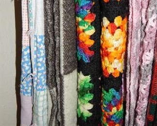 ASSORTED QUILTS, WOOLS, KNIT AFGANS AND PIECES FROM ALL OVER THE WORLD