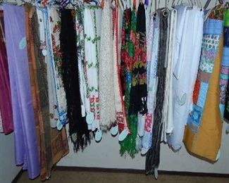 ASSORTMENT OF TABLE LINENS, QUILTS, AFGANS, SCARVES...SOME ARE RUSSIAN.