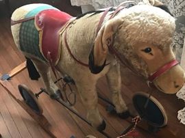 STEIFF DONKEY ON WHEELS AND SET ON ORIGINAL ROCKER