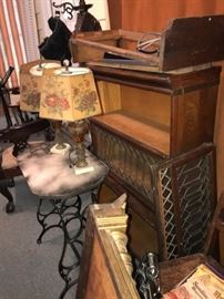 sewing machine stand and leaded glass attorney cabinet