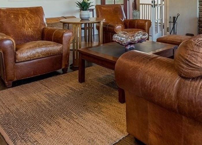 Leather seating group, square cocktail table and Stickley oak Mission round end table