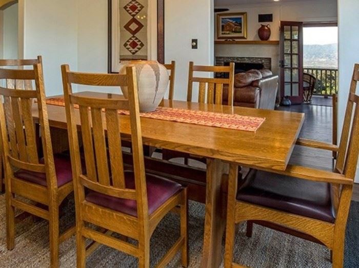 Stickley Keyhole Trestle Table with 6 Harvey Ellis inlaid dining chairs