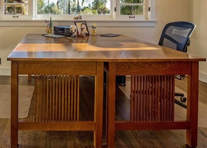 Pair of Stickley Mission Oak Spindle Seat 3-Drawer Desks