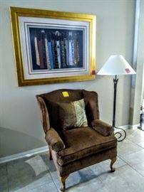 Great dark brown velvet over-sized wing chair.