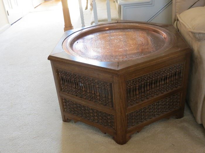2 OF THESE ASIAN END TABLES WITH COPPER TRAY TOPS.