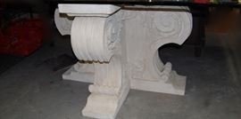 Table with Carved Limestone Pedestal Base with 3/4" Beveled Glass Top, 6',5"long x 3'5"x2'5"