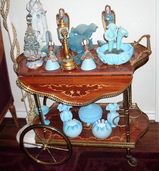 INLAID TEA CART AND FROSTED GLASS DECOR PIECES