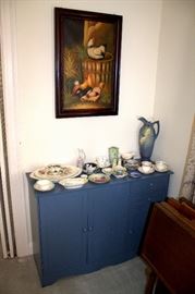 Blue cabinet, teacups / saucers, TV tray set, etc.