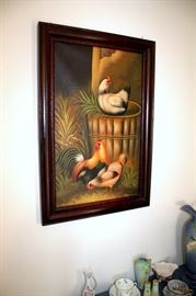 Pair of framed chicken oil paintings