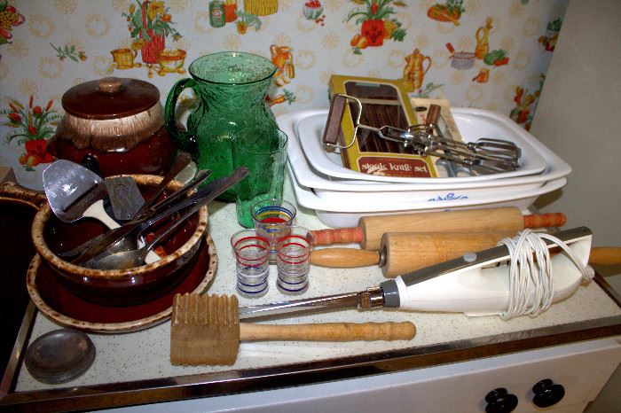 Brown dripware, Corningware, vintage kitchen items (some of these items may have sold)