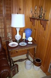 Antique table, crocks, brass items