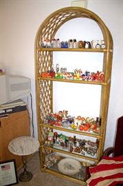Rattan / glass shelf, vintage salt & pepper shaker collection