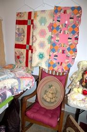 Beautiful vintage quilts, rocking chair