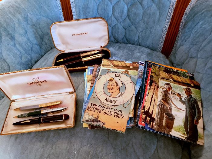 Vintage pens, vintage postcards