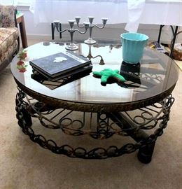 Awesome iron / glass wagon wheel coffee table - the wheel top spins!