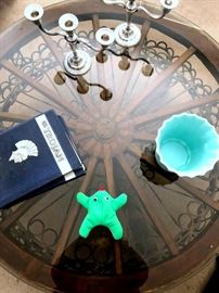 Awesome iron / glass wagon wheel coffee table - the wheel top spins!