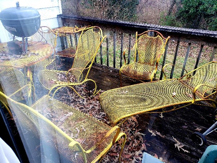 Fabulous vintage patio furniture - table with 4 chairs, rocking chair, lounger, bench, drink cart