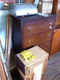 Chest of drawers, aluminum bread box, kitchen aid 9 cup food processor