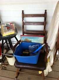 Rocking chair, ironing board, stool