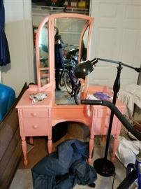 Fabulous pink vintage vanity table with tri-fold mirror