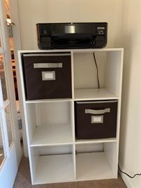 Epson printer and white cubby shelf