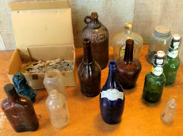 MVF068 Vintage Glass Bottles and Iron Bore