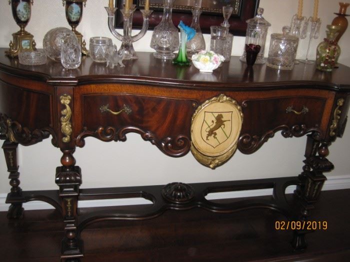 Matching 1930's Era Side Board with Lion Crest. Set is Available for Immediate Purchase, Asking $9,000.00 for All Pieces 