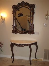 Marble Top Entry Table with Carved Legs, Matching Carved Wood Frame Mirror