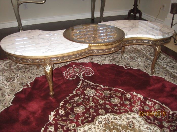 Marble Top Coffee Table with Central Carved Medallion, Carved Legs