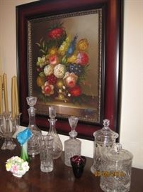 Framed Floral Painting with Crystal Decanters
