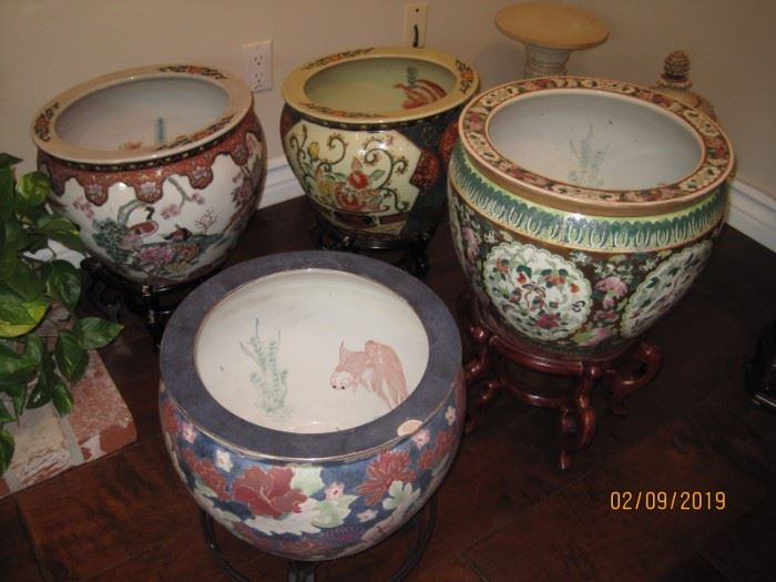 Large, Chinese Decorative Planters on Stands