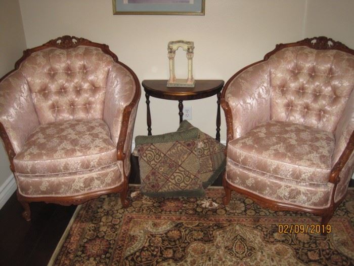 Pair of Chinese Style Carved Wood Frame Upholstered Chairs, Small Demi-Lune Side Table