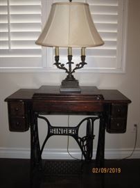 Singer Sewing Cabinet Table with Vintage Lamp