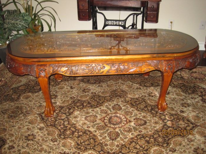 Chinese Style Carved Coffee Table with Glass Top 