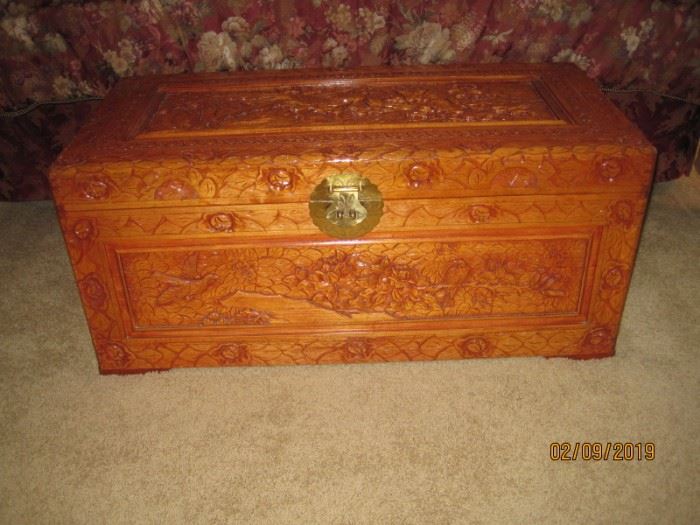 Chinese Style Carved Camphor Chest, Light Finish