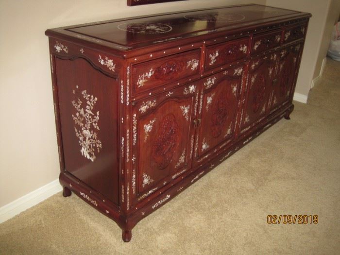 Long Chinese Style Rosewood Dresser with Mother of Pear Inlay. Bedroom Set Available for Immediate Purchase. Asking $2,800.00 for All Pieces 