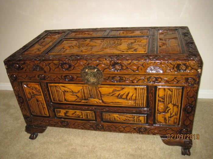 Chinese Style Carved Camphor Chest, Dark Finish