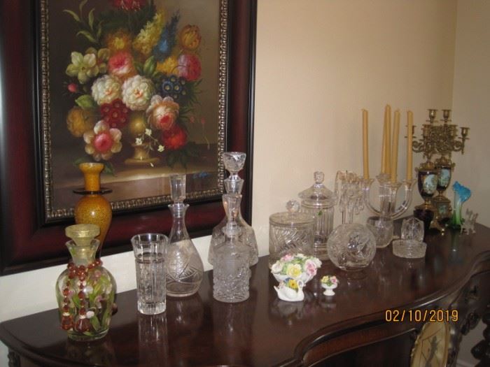 Contemporary Floral Painting, Crystal Decanters, Biscuit Jars and Decorative Candlabras