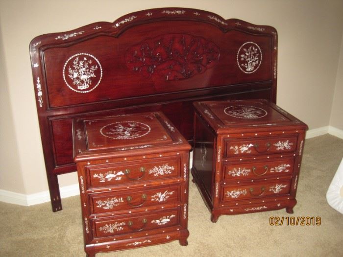 Chinese Style Rosewood with Mother of Pearl Inlay King Size Headboard, Pair of Chinese Style Rosewood with  Mother of Pearl Inlay Nightstands.  Available for Immediate Purchase. Asking $2,800.00 for all Five Pieces 