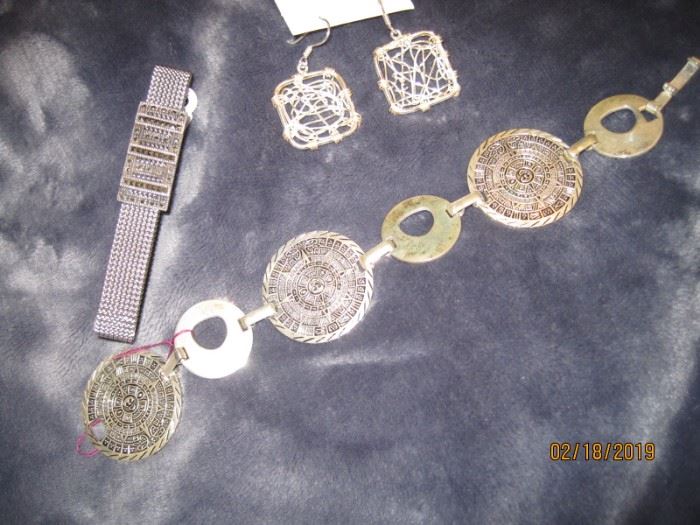 Sterling Mesh Bracelet with Marcasite Buckle, Pair of Mexican Sterling Earrings, Sterling Aztec Style Medallion Bracelet