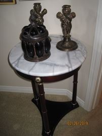 Small Marble Topped Table with Candle Holders and Decorative Container