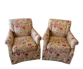 March Swivel Glider Chairs. Inspired by Mariette Himes Gomez . This chair makes comfort elegant – especially upholstered in this beautiful Guinevere floral silk by GP & J Baker.  The chair’s picture pleasantly emphasizes its gentle shape and outstanding profile. Spring-Down seat cushion standard. Dimensions: Chairs=33.5" D36" H35". Seat: H 20". Arm: H 23". 