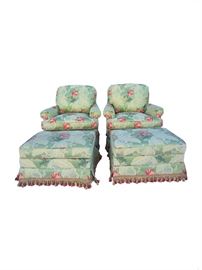 Floral Celadon Swivel Rocker Chairs and Ottomans. The “Gone with the Wind” chairs were upholstered from an ornate, elegant set of draperies.Upholstered in a chinoiserie inspired celadon cotton silk blend embroidered with pink tulips and white and gold geometric leafy vines with single self welt trim throughout.  Cushions come with zippers for easy removal and cleaning and filled with polyurethane foam, which makes for a firm yet comfortable sit. The tassel trim is the ultimate finishing touch!
Dimensions: Chairs=33”w x 33”d x 31”h • Seat=20”d x 17”h • Arm=22.5”h