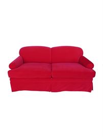 Red Velvet Sleeper Sofa. This vibrant double sleeper sofa is upholstered in a sumptuous red velvet with single welt detail and a tailored split skirt. Down back cushions give comfortable yet firm back support. The two removable seat cushions are wrapped in down, yet firm. The “Air Dream” sofa sleeper system is comprised of air over coil technology and comes with a pump that inflates the bed fully and efficiently. Color is a true red that leans more toward the blue hue more than the orange.
Dimensions: 71.5l x 36”d x 32.5”h • Seat=19”h x 22”d • Arm=23”h
