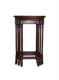 Set of three Edwardian style reproduction nesting tables featuring column legs and stretchers. Beautifully finished in a rich dark wood stain with medium natural distressing.  A versatile style and size for a variety of decors!

Dimensions: Overall= 16.5”w x 16”d x 25.25”h Large= 16.5”w x 13.25”d x 25.25”h  Medium= 13.5”w x 12”d x24.75”h  Small= 10.75”w x 11”d x 23.5”h (16 lbs.)