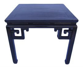 19th Century “Mahjong” lacquered table circa 1800-1849. What makes this table unique is the carved key accents at the corners of the top of each pagoda leg. No drawers. 
Dimensions: Table=36"w x 36"d x 30"h Space between Legs= 18"w x 26"h
Condition: Table has definite wear on the top and could use a refinishing. 
