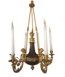 19th Century 6 light bronze and ormolu stamped Millet, Paris.                                                                                         French, Circa 1860.                                                                                                                               Hight: 30 inches                                                                                                   Diameter: 20 inches